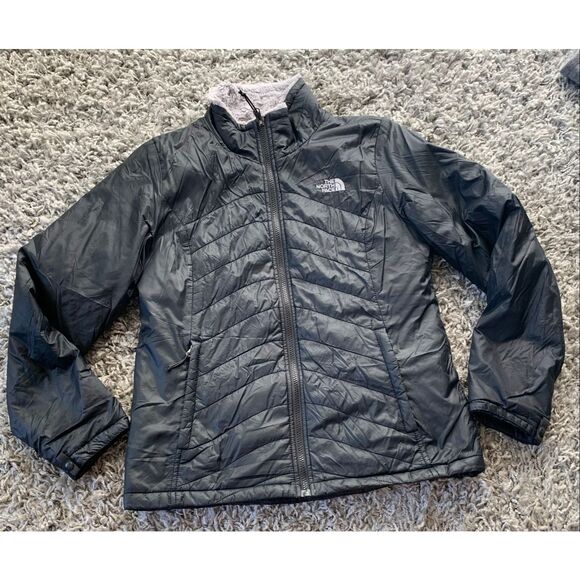 The North Face black gray Mossbud Reversible faux fur JACKET COAT sz  M - Picture 1 of 7